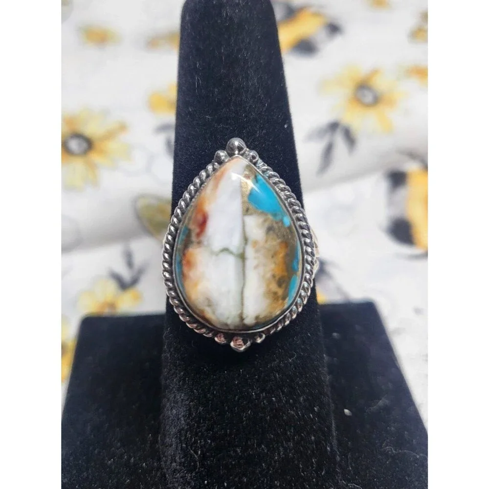 Sterling Silver Spiny Oyster Copper Turquoise Teardrop Ring